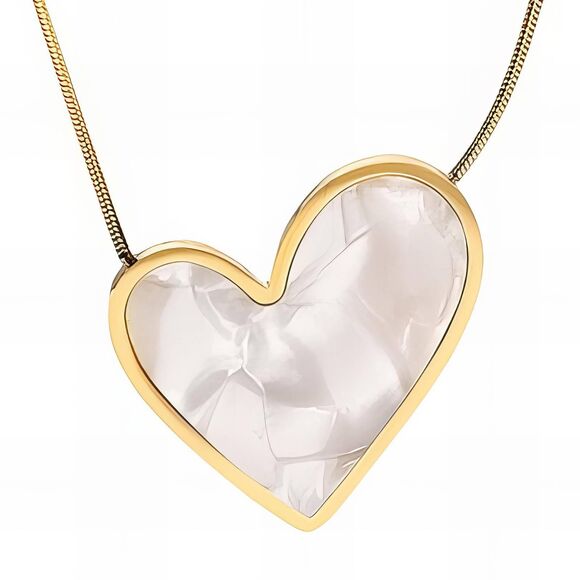 18K Gold Plated Women's Heart Shape Necklace White Mother of Pearl Look Love - Picture 1 of 13